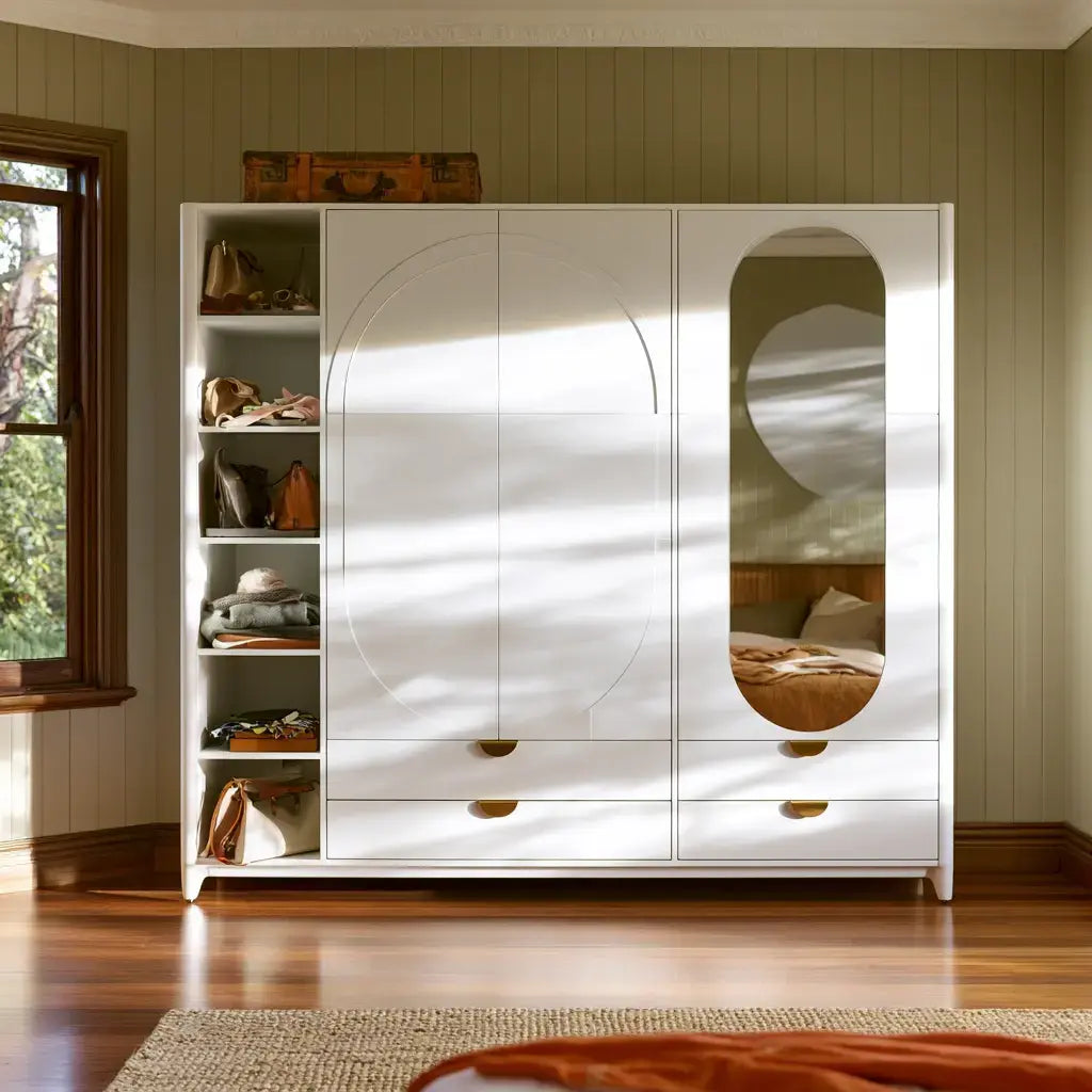 Armario con puerta con espejo ovalado y estantes - blanco/marrón