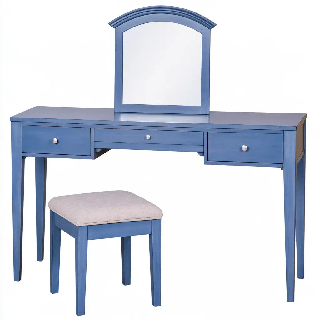 Tocador con espejo arqueado y taburete - azul
