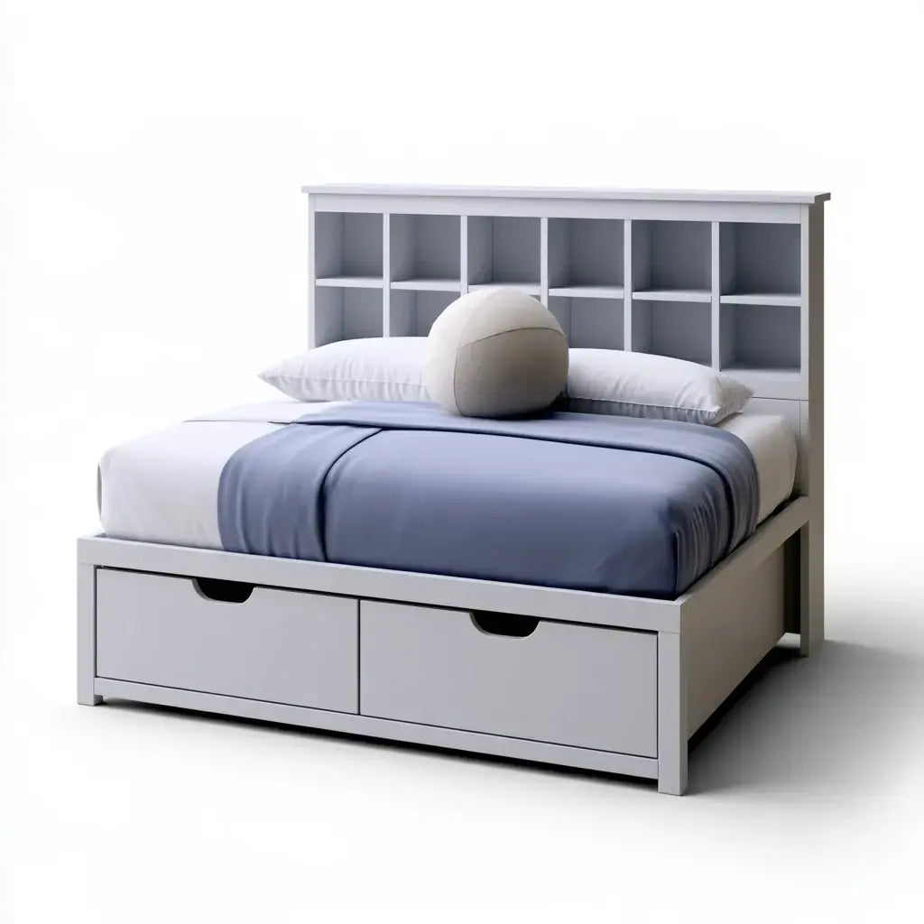 Cama con cabecero de nichos y cajones bajos - gris