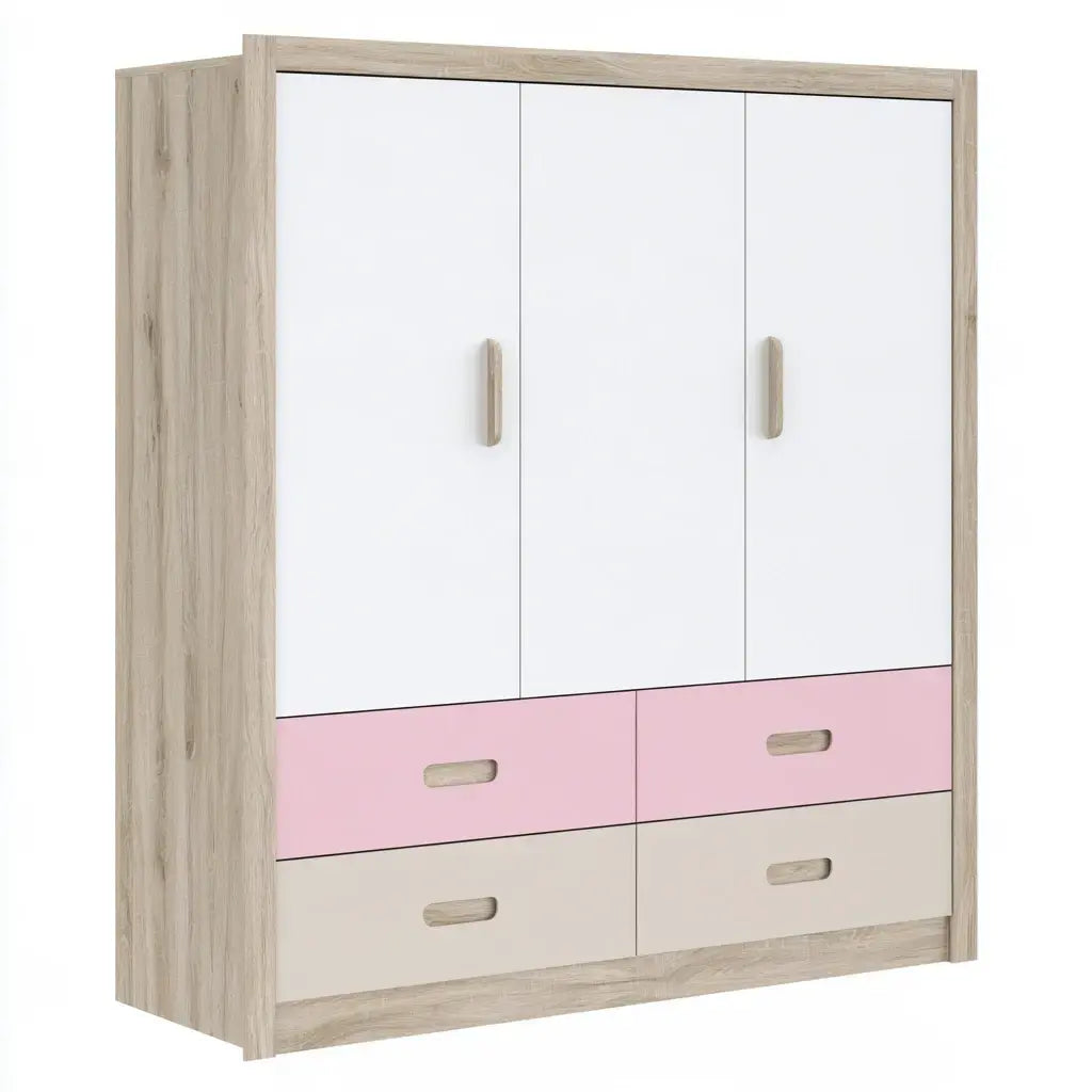 Armario con puertas claras y cajones contrastados - blanco/rosa/beige